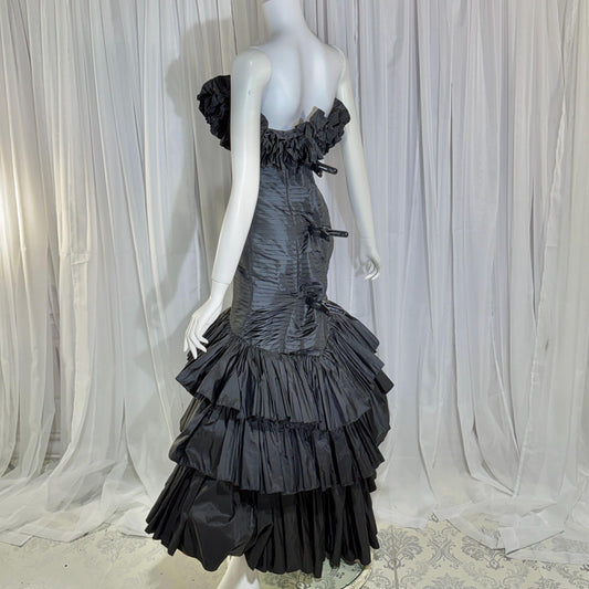 vintage 1980s evening dress gown, VICTOR COSTA Black Mermaid high low gown