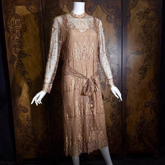 RINA di MONTELLA, vintage 1970s evening cocktail dress, silk lace high neck sequins beads