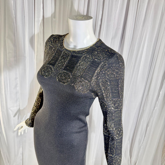 MARY MCFADDEN vintage 1970s knit cocktail dress, Black Gold Long Sleeve Office Party dress
