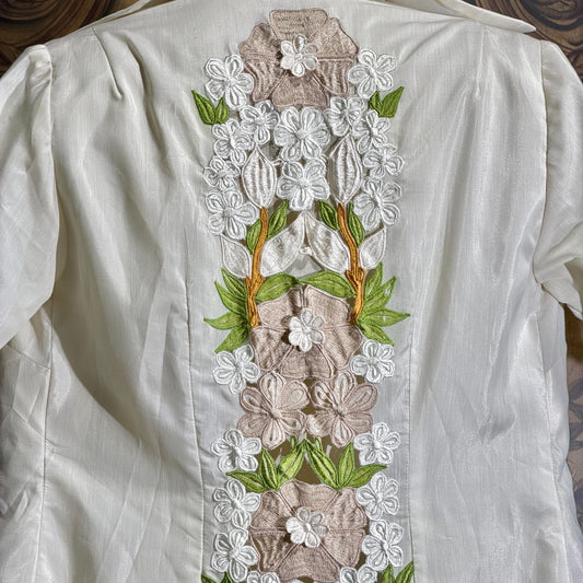 vintage 1970s TESORO'S caftan maxi dress, Off white embroidered floral shift dress evening wedding coat