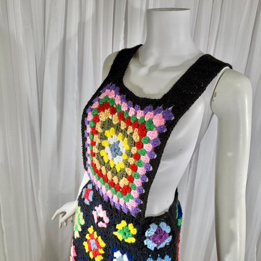 vintage 1960s Granny Square Jumper dress, Handmade heavy acrylic yarn bibbed skirt