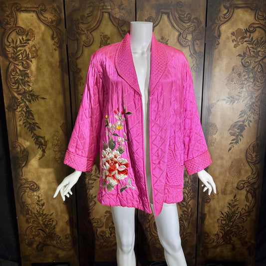 Vintage 1940s dressing robe, Hot Pink Embroidered Lounging Evening Jacket