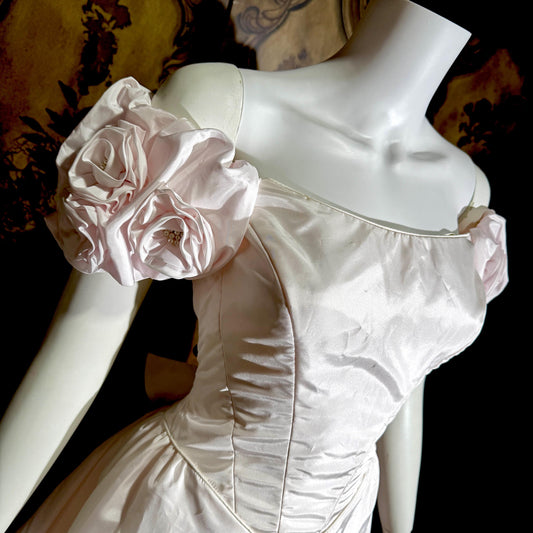 vintage PRISCILLA OF BOSTON wedding dress gown, 1970s Pink Off Shoulder Basque Cinderella ball gown