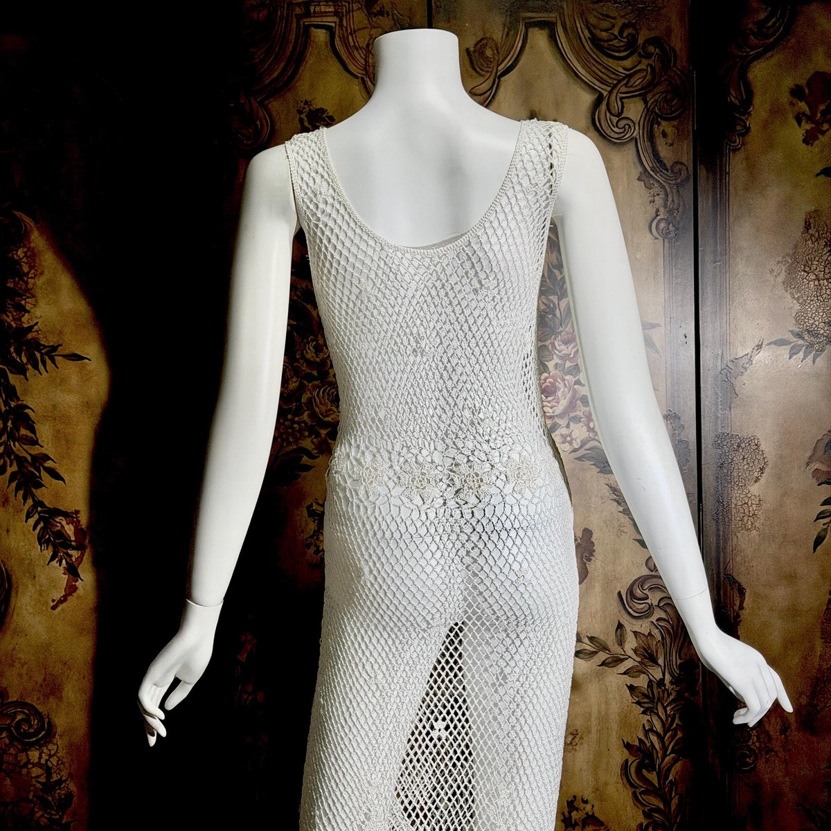 Vintage 1990s Crochet Slip Dress, White Stretchy Knit Tank Cover Up Midi Gown
