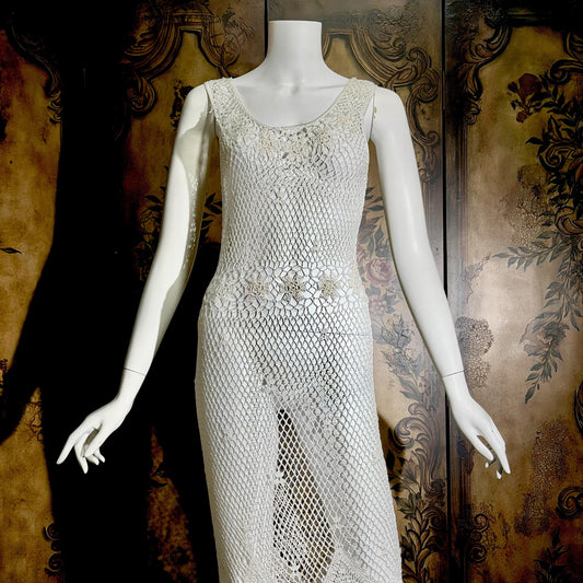 Vintage 1990s Crochet Slip Dress, White Stretchy Knit Tank Cover Up Midi Gown