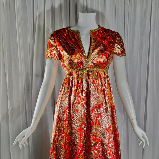 Vintage MALCOLM STARR evening gown, 1960s Bonwit Teller Metallic Brocade Empire Waist dress