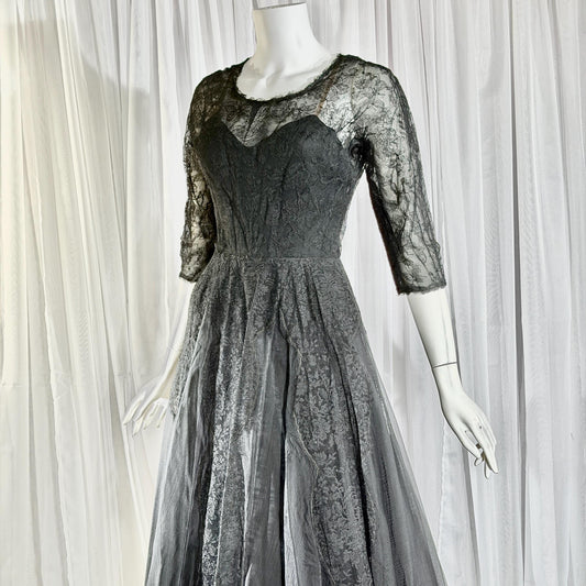 HENRI BENDEL vintage evening dress gown, 1950s black silk lace cocktail party ball gown