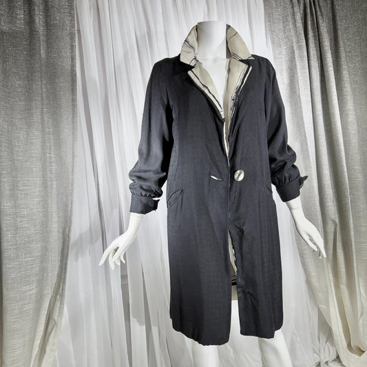 MR BLACKWELL CUSTOM Vintage 1960s linen coat, Black linen silk combo Spring Dress coat