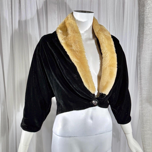 vintage 1930s 1940s Evening Jacket, JULIAN BELLER Black Velvet Cropped Shrug Jacket