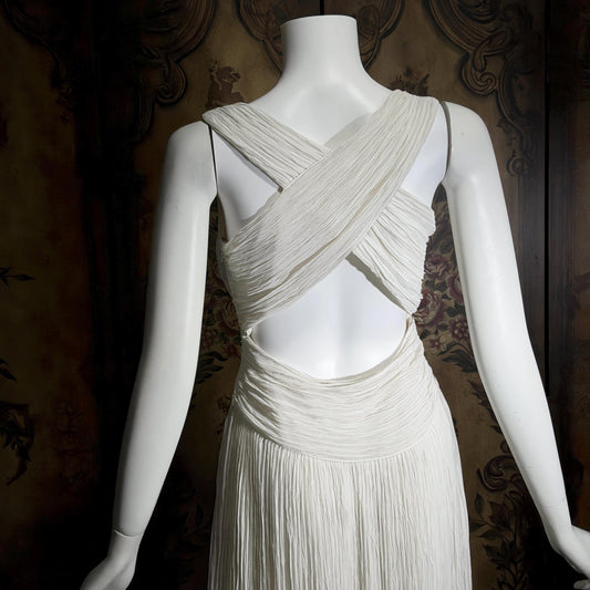 vintage MARY MCFADDEN cocktail dress, 1970s 1980s white open back plisse pleats dress