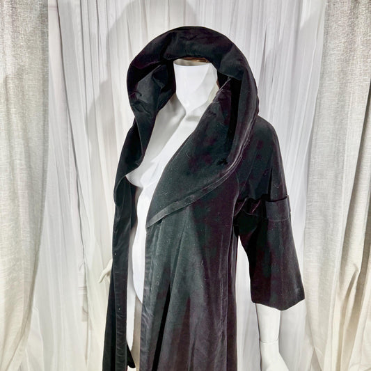 Vintage 1950s evening coat, Black cotton velvet cocktail swing trapeze opera coat Medium