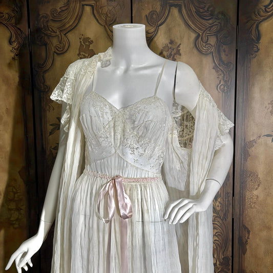 vintage JULIE INC Nightgown robe set, by IRIS ethereal white sheer waffled nylon slip dress dressing gown peignoir set