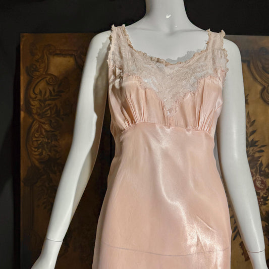 vintage 1930s nightgown slip dress, Peachy Pink bias cut rayon lingerie dress