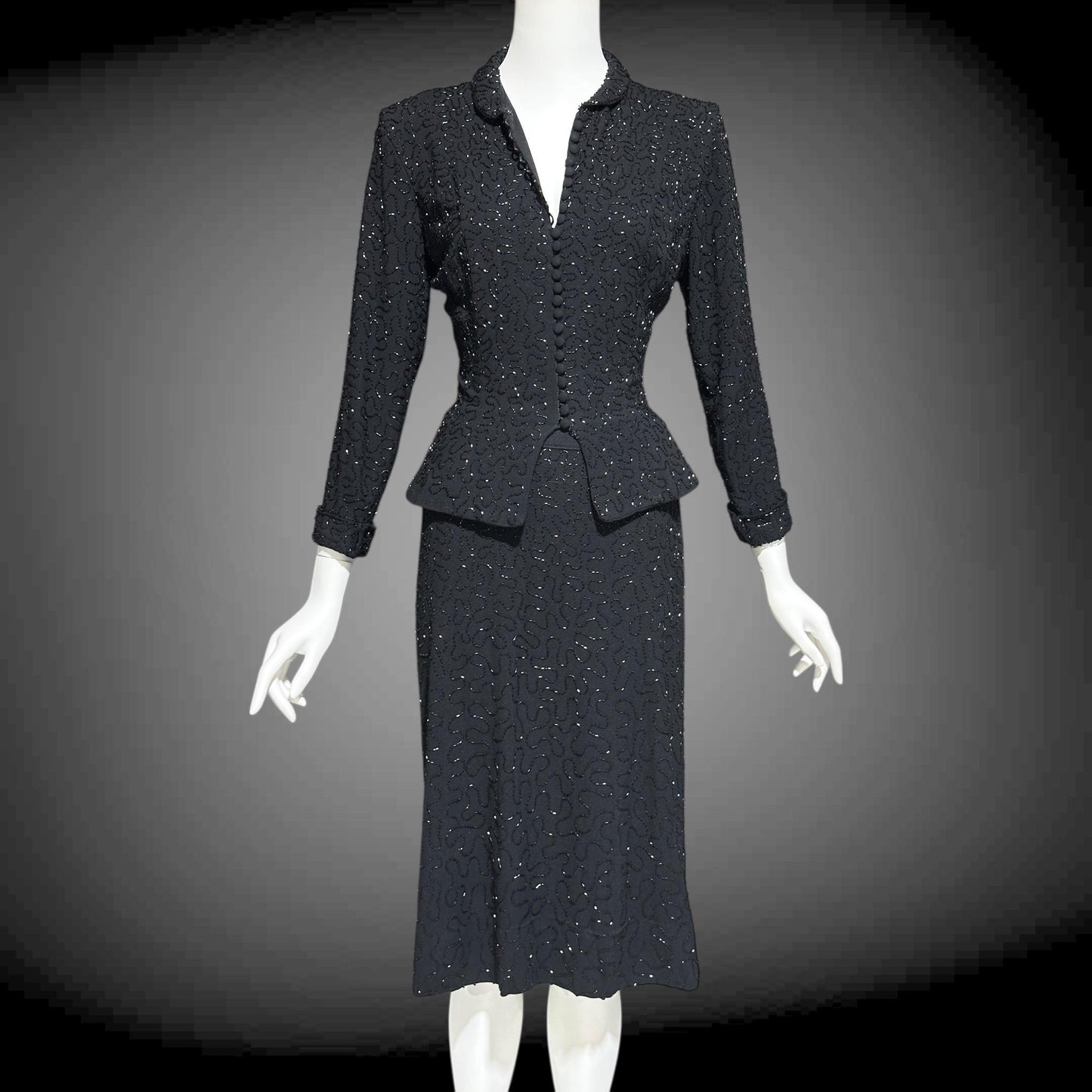CEIL CHAPMAN vintage 1940s Beaded Evening Suit, Black crepe Cocktail Skirt and Jacket set