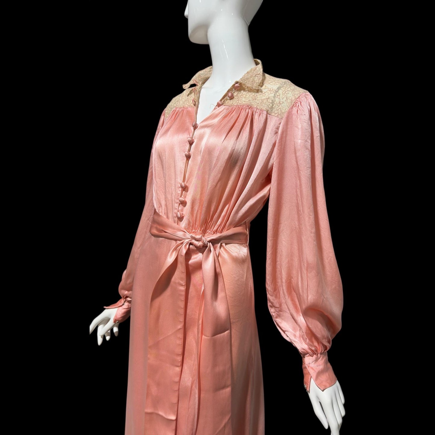 1930s vintage dressing gown robe, Shimmering Peachy pink silk with amazing lace, wrap front house coat loungewear