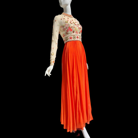 DARNELL of LONDON, vintage 1970s evening gown, Designer Beaded Orange Chiffon formal dress