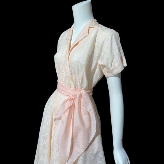 SAKS FIFTH AVENUE vintage 1950s dressing gown house dress, pink flocked floral wrap dress