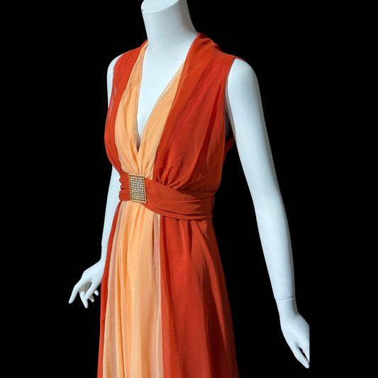 EMMA DOMB, vintage 1970s evening dress, rust and peach chiffon gown