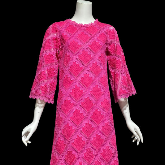 XIHUATL vintage 1960s Mexican cotton day dress, Hot Pink Pintuck Patchwork cotton and lace