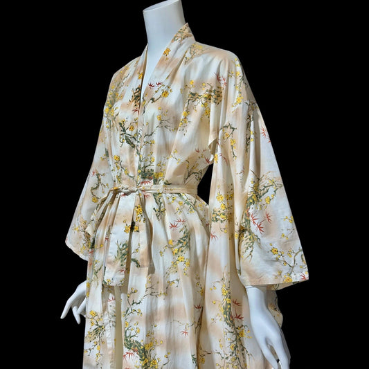 1970s vintage kimono dressing gown, Japanese summer cotton house coat robe, yellow dogwood branches