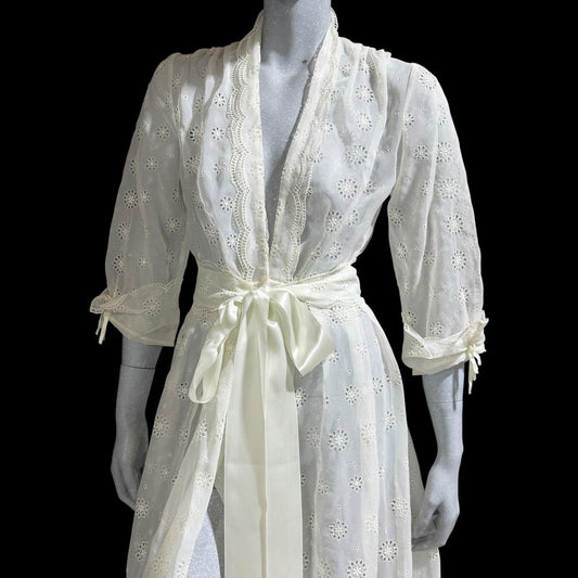 KICKERNICK Lingerie, vintage 1940s Sheer Dressing Gown: White eyelet Robe, Wrap front