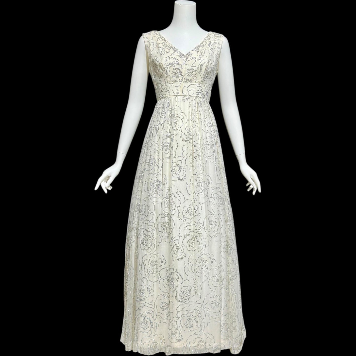 1960s vintage evening dress gown, white chiffon with sparkly silver rose sequins wedding bridal gown
