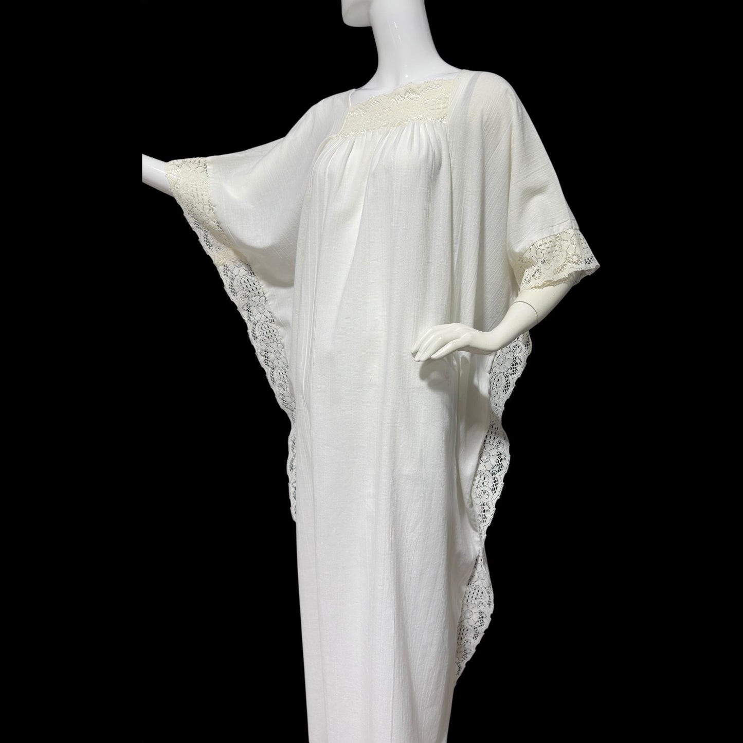 1960s Vintage caftan hostess dress, white crinkly cotton kaftan loose house dress