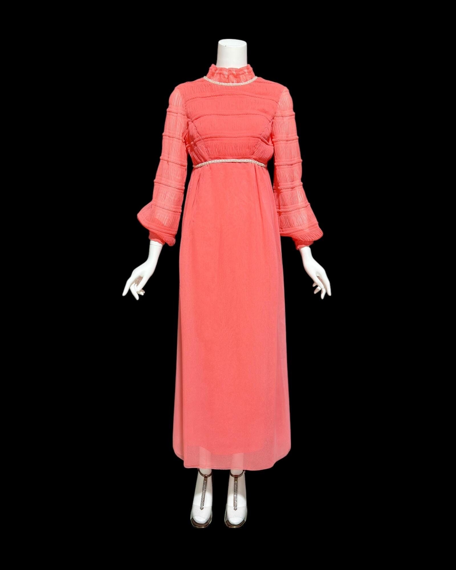 CLIFTON WILHITE, vintage 1970s evening dress, empire waist coral chiff –  VINTAGE DRESS CLOSET