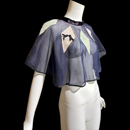 1930s Vintage collar capelet, navy blue organza harlequin shoulder cover