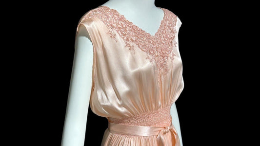 1930s vintage Nightgown slip dress, peachy pink silky smocked night dress