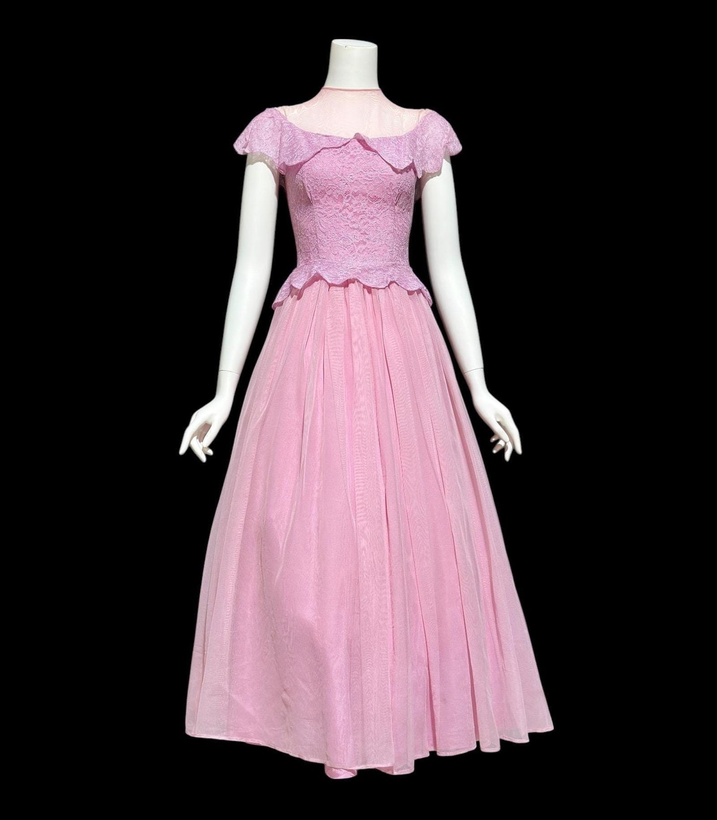 1940s vintage evening gown dress, Orchid purple mesh cupcake prom dress, illusion top with ruffle, peplum circle skirt
