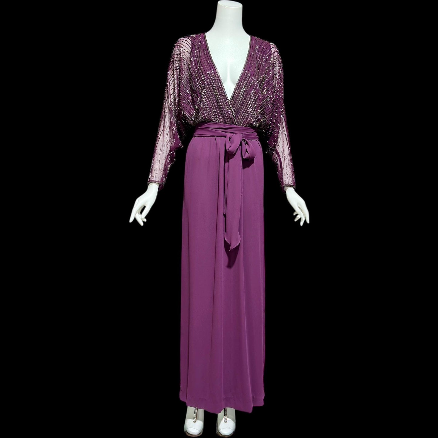 JACK BRYAN vintage evening dress gown, 1970s Aubergine Eggplant Purple chiffon beaded dolman sleeves, Deep V