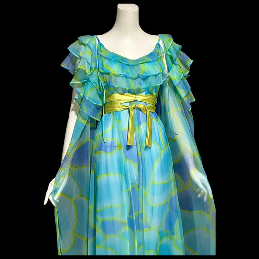 COUTURE INTERNATIONALE by Jacques Heim, vintage 1960s peignoir set, sheer double chiffon watercolor dressing gown night dress