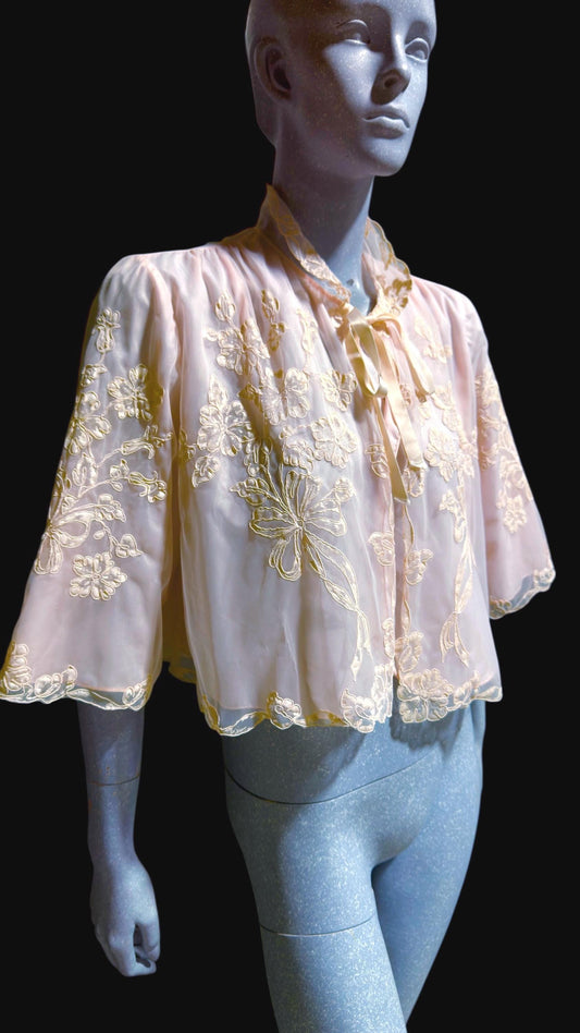 ODETTE BARSA vintage 1950s bed night jacket, Elizabeth Arden, palest pink floral topper, painted flowers