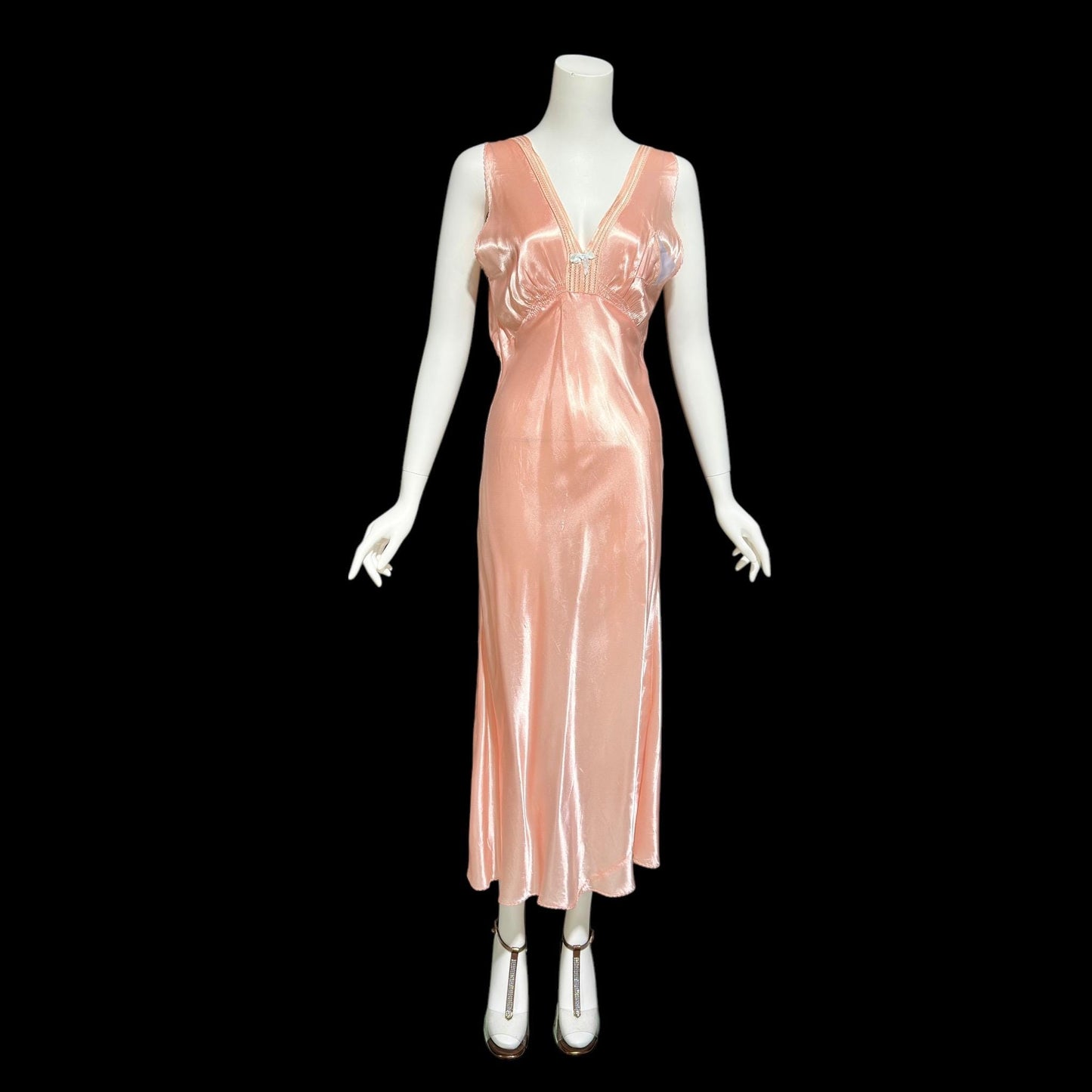 1940s vintage nightgown slip dress, Shiny dusty rose peachy pink bias cut slip dress, full length
