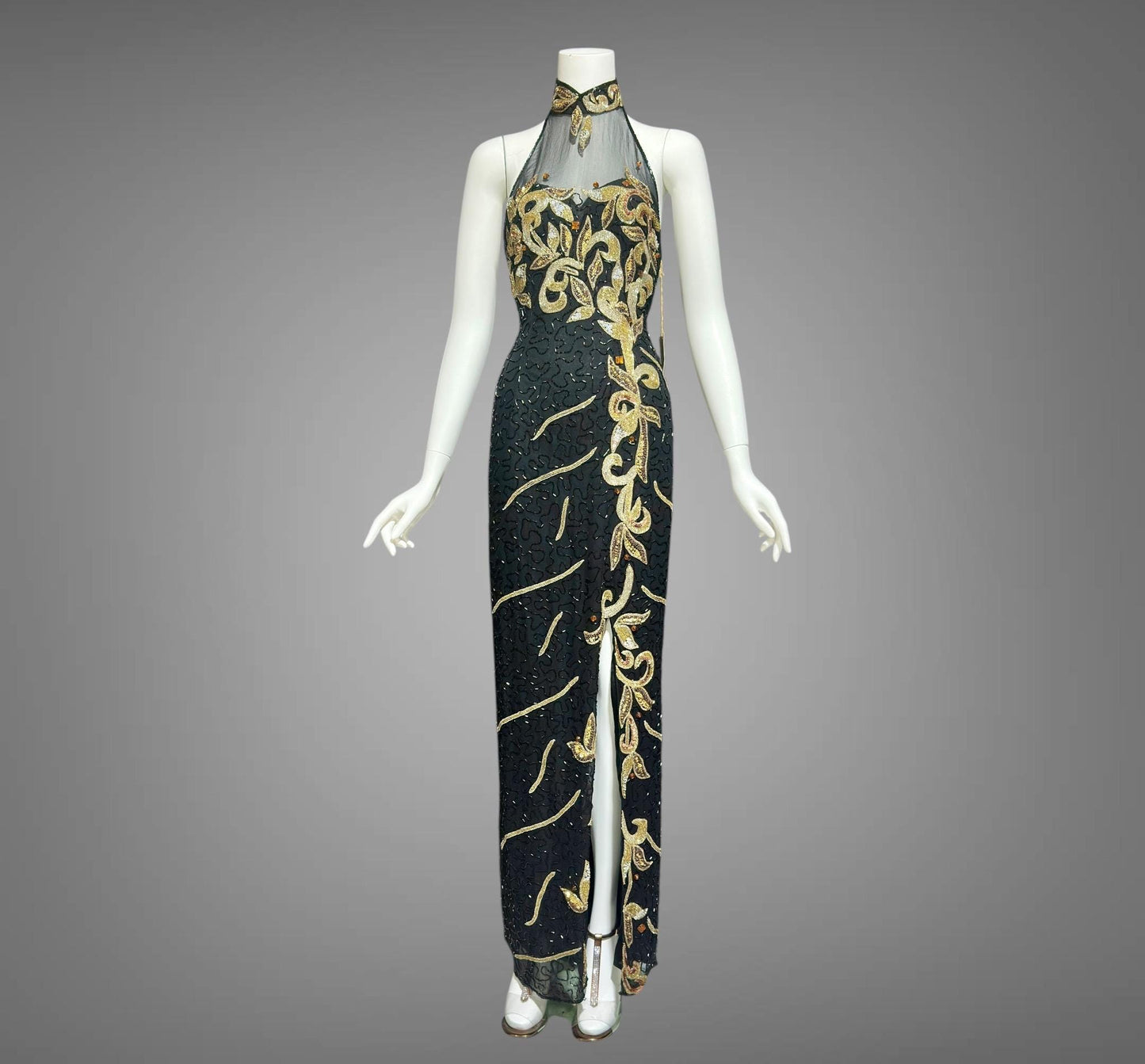 J REYNOLDS DESIGNS, vintage 1990s evening gown, Deadstock Black Beaded Halter Party slip dress