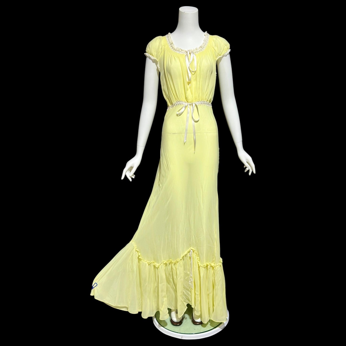 VELMA, vintage 1940s nightgown, butter yellow bias cut rayon slip dress, full length ruffle bottom, cap sleeves