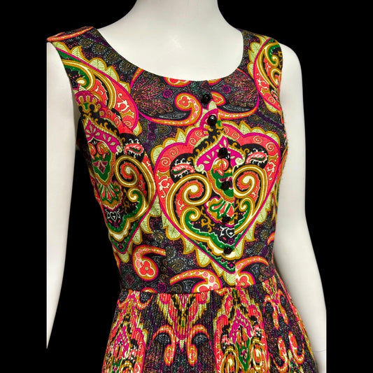 FRED ROTHECHILD, vintage 1970s maxi dress, micro pleated skirt, neon op art paisley, casual day hippie boho dress