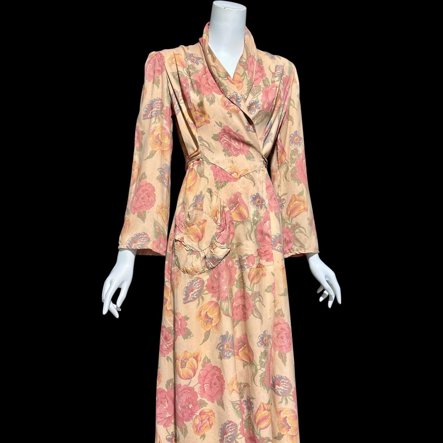 1930s vintage silk chintz floral robe, Dusty pink wrap front long house coat, Rehabilitated Wounded Bird