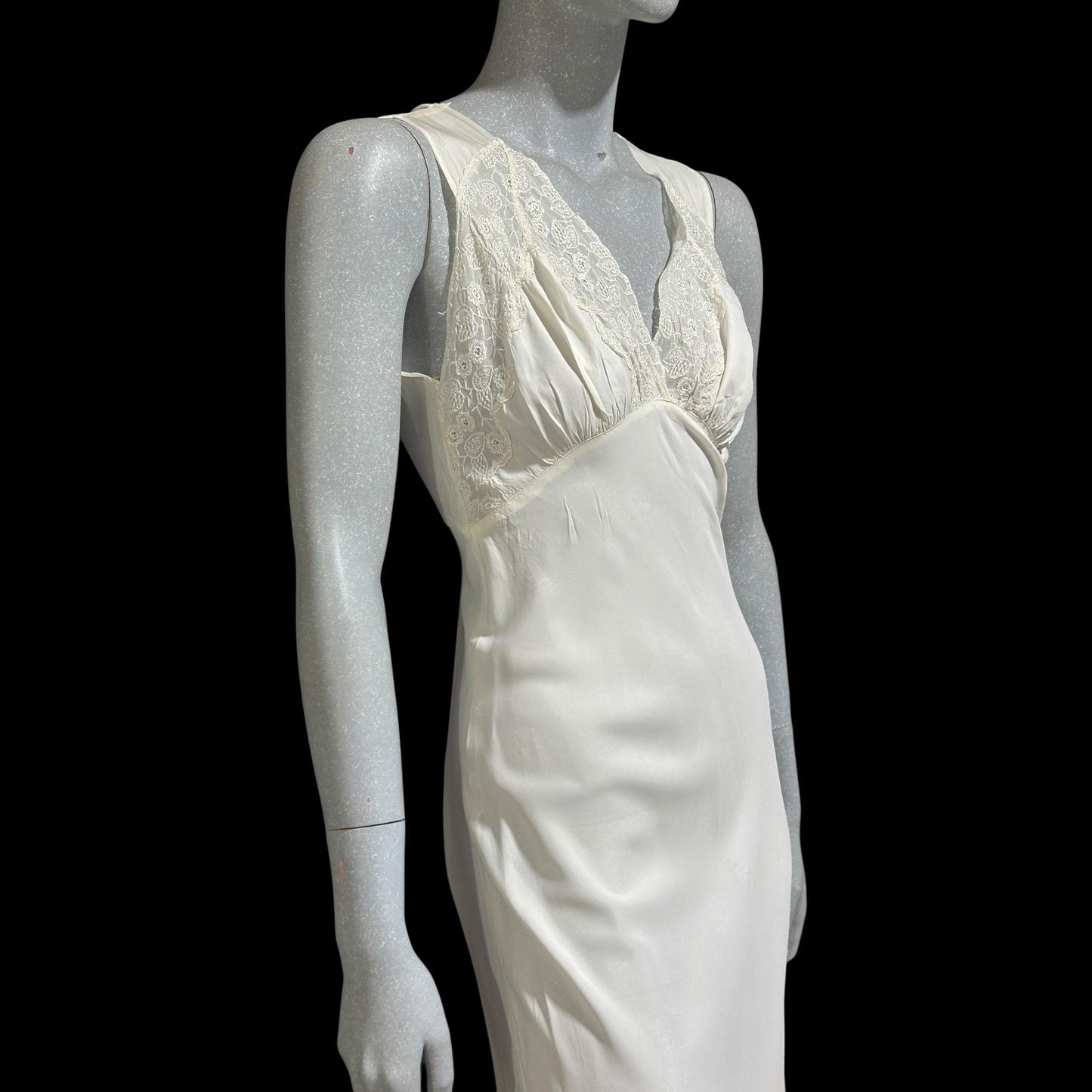 1930s vintage Nightgown slip dress, White rayon and lace bias cut night dress, full length with side snaps