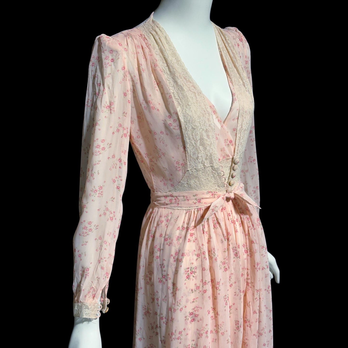 FLOBERT, vintage nightgown robe set, 1930s 1940s FLORAL pink rose buds bias cut sheath slip dress and peignoir set