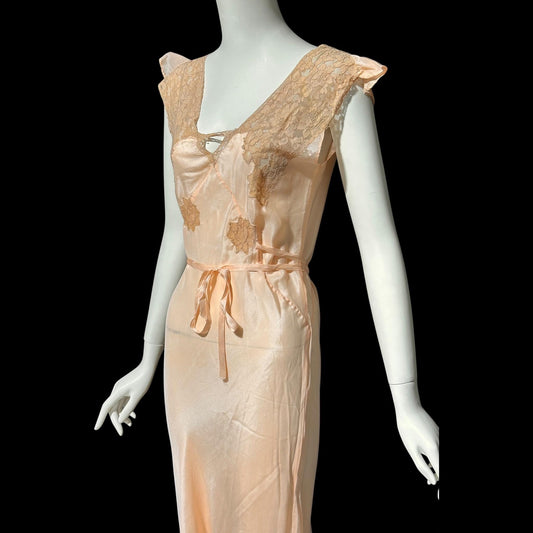 1930s Rayon Slip Dress: Vintage Bias Cut Shiny Peach Nightgown, Lace Trim