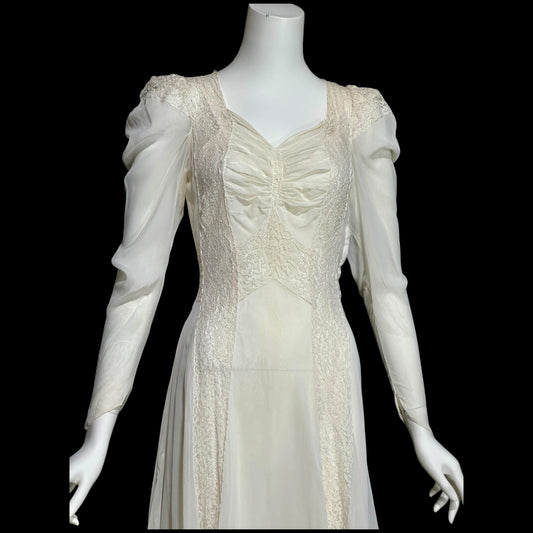 1940s vintage wedding dress, White sheer long sleeve sheath slip gown with train and slip
