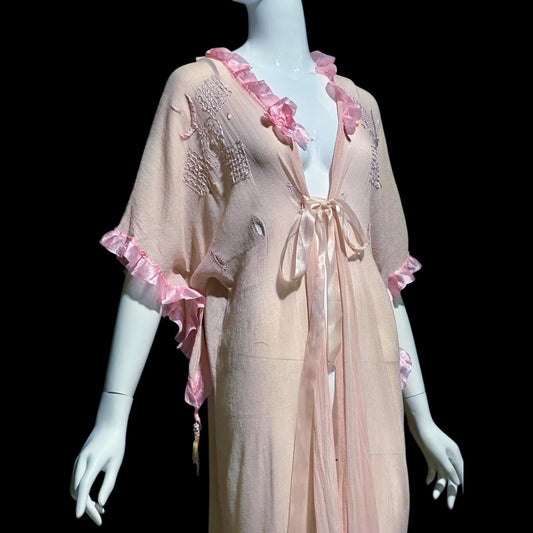 1920s vintage dressing gown robe, Dusty pink cotton gauze muslin with embroidery
