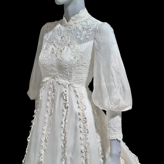 MONTALDO'S vintage 1970s wedding dress, Romantic Victorian Inspired lace and beads ball gown, bishop bell Sleeves, Hippie Bohemian gown