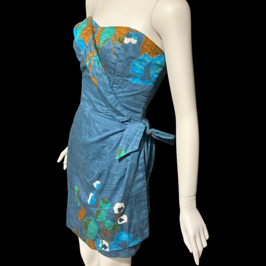 THE HAWAIIAN SHOP, vintage 1950s Hawaiian sarong dress, Blue abstract floral cotton summer day sundress