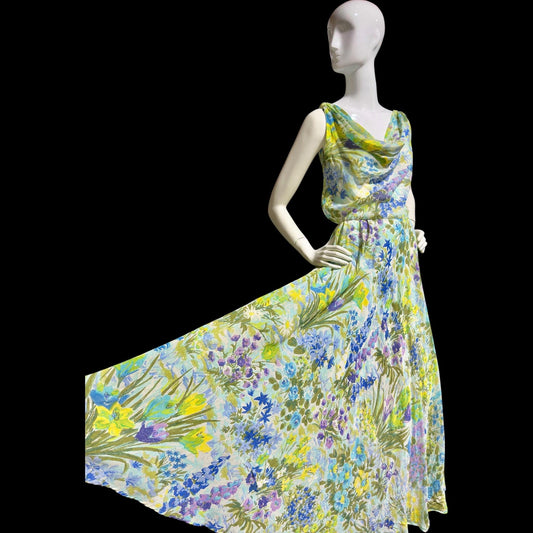 1930s vintage evening dress, Sheer floral watercolor silk cotton blend, cowl neck, feather weight bias cut sheath gown