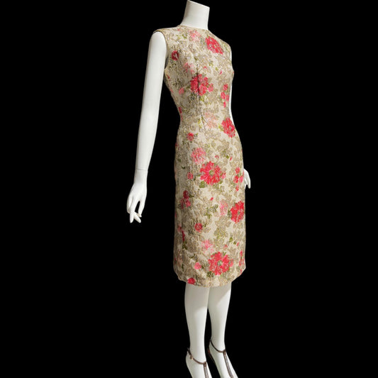 SANDRA SAGE, Vintage 1960s cocktail wiggle dress, red flowers and gold metallic mod dress