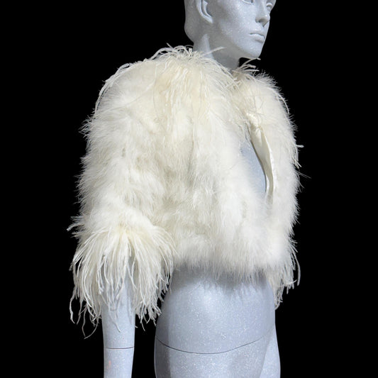 1980s Vintage marabou feather jacket, Snowy white marabou with ostrich feathers cropped wedding evening jacket