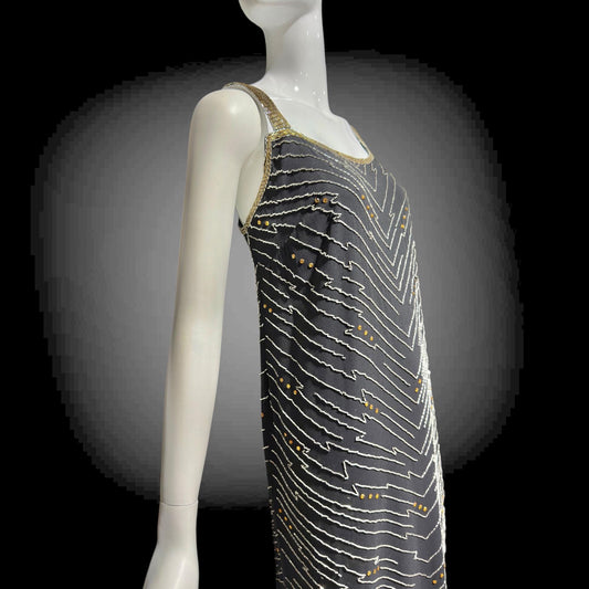 1980s Beaded Silk Sheath Gown: Vintage Black with silver and amber beading, Evening Dress